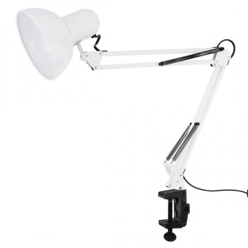 lampada da tavolo bianca con braccio lungo e morsetto da tavolo