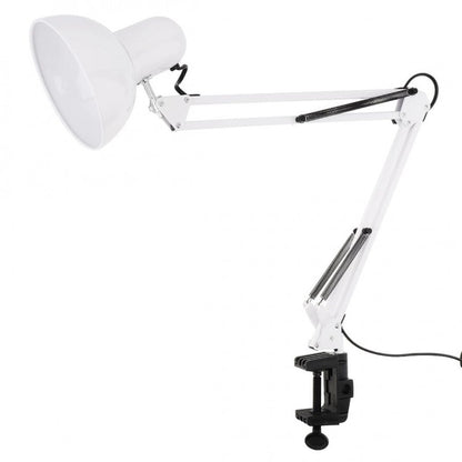 lampada da tavolo bianca con braccio lungo e morsetto da tavolo